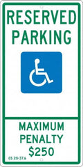 NMC - "Reserved Parking Maximum Penalty $250", "Handicap Symbol", 12" Wide x 24" High, Aluminum ADA Signs - 0.063" Thick, Green & Blue on White, Rectangle, Post Mount - Americas Industrial Supply