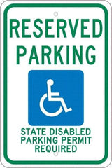 NMC - "Reserved Parking State Disabled Parking Permit Required", "Handicap Symbol", 12" Wide x 18" High, Aluminum ADA Signs - 0.08" Thick, Green & Blue on White, Engineer Grade Reflectivity, Rectangle, Post Mount - Americas Industrial Supply