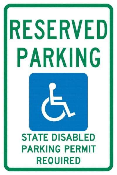 NMC - "Reserved Parking State Disabled Parking Permit Required", "Handicap Symbol", 12" Wide x 18" High, Aluminum ADA Signs - 0.04" Thick, Green & Blue on White, Rectangle, Post Mount - Americas Industrial Supply