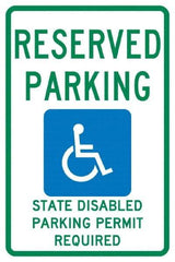 NMC - "Reserved Parking State Disabled Parking Permit Required", "Handicap Symbol", 12" Wide x 18" High, Aluminum ADA Signs - 0.04" Thick, Green & Blue on White, Rectangle, Post Mount - Americas Industrial Supply