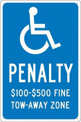 NMC - "Penalty $100-$500 Fine Tow-Away Zone", "Handicap Symbol", 12" Wide x 18" High, Aluminum ADA Signs - 0.04" Thick, White on Blue, Rectangle, Post Mount - Americas Industrial Supply