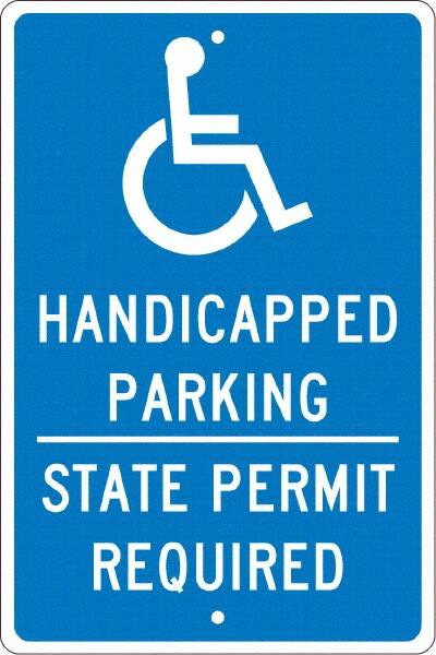 NMC - "Handicapped Parking State Permit Required", "Handicap Symbol", 12" Wide x 18" High, Aluminum ADA Signs - 0.063" Thick, White on Blue, Rectangle, Post Mount - Americas Industrial Supply