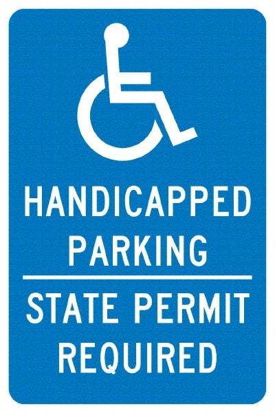 NMC - "Handicapped Parking State Permit Required", "Handicap Symbol", 12" Wide x 18" High, Aluminum ADA Signs - 0.04" Thick, White on Blue, Rectangle, Post Mount - Americas Industrial Supply