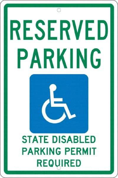 NMC - "Reserved Parking State Disabled Parking Permit Required", "Handicap Symbol", 12" Wide x 18" High, Aluminum ADA Signs - 0.063" Thick, Green & Blue on White, Rectangle, Post Mount - Americas Industrial Supply