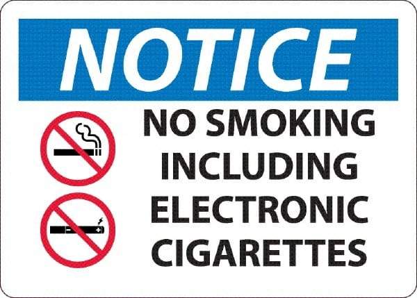 NMC - "No Smoking Including Electronic Cigarettes", 10" Long x 14" Wide, Aluminum Safety Sign - Rectangle, 0.04" Thick, Use for Smoking Regulations - Americas Industrial Supply