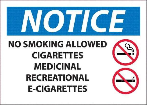 NMC - "No Smoking Allowed, Cigarettes, Medicinal,Recreational,E-Cigs", 10" Long x 14" Wide, Pressure-Sensitive Vinyl Safety Sign - Rectangle, 0.045" Thick, Use for Smoking Regulations - Americas Industrial Supply