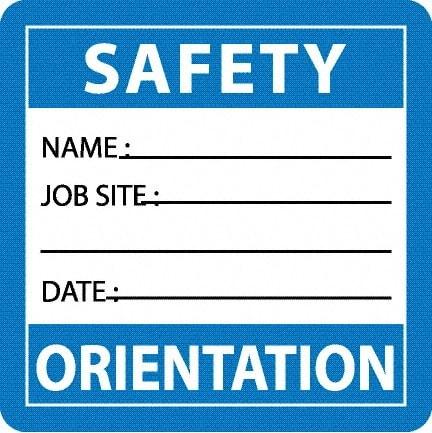 NMC - Safety Orientation - Name ____ Job Site ____ Date ____, Hard Hat Label - Blue/White/Black, 0.045" Thick, For Accident Prevention - Americas Industrial Supply