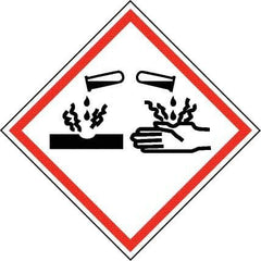 NMC - Hazardous Materials Label, Header: Corrosive Warning - Legend: GHS - Graphic, English, Black & Red, 4" Long x 4" High, No Coating - Americas Industrial Supply