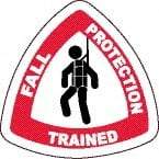 NMC - Fall Protection Trained, Hard Hat Label - Round, Black & Red on White, 0.004" Thick, Indoor or Outdoor, Adhesive Backed, For Accident Prevention - Americas Industrial Supply