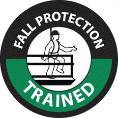 NMC - Fall Protection Trained, Hard Hat Label - Round, White & Green on Black, 0.004" Thick, Indoor or Outdoor, Adhesive Backed, For Accident Prevention - Americas Industrial Supply