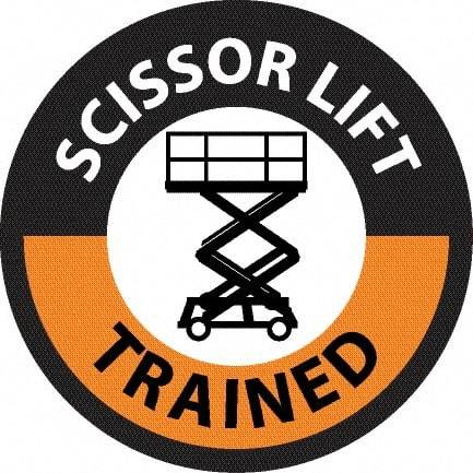 NMC - Scissor Lift Trained, Hard Hat Label - Round, Black & Orange on White, 0.004" Thick, Indoor or Outdoor, Adhesive Backed, For Accident Prevention - Americas Industrial Supply