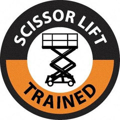 NMC - Scissor Lift Trained, Hard Hat Label - Round, Black & Orange on White, 0.004" Thick, Indoor or Outdoor, Adhesive Backed, For Accident Prevention - Americas Industrial Supply