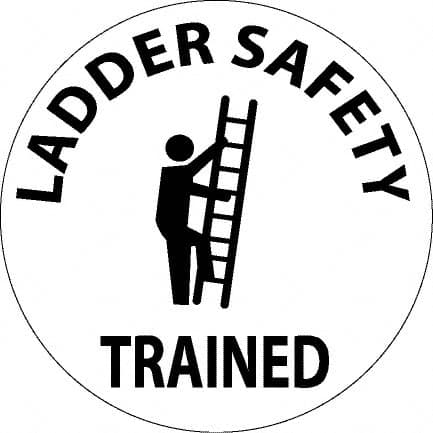 NMC - Ladder Safety Trained, Hard Hat Label - Round, Black on White, 0.004" Thick, Indoor or Outdoor, Adhesive Backed, For Accident Prevention - Americas Industrial Supply