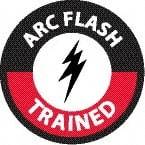 NMC - Arc Flash Trained, Hard Hat Label - Round, White & Red on Black, 0.004" Thick, Indoor or Outdoor, Adhesive Backed, For Accident Prevention - Americas Industrial Supply