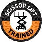 NMC - Scissor Lift Trained, Hard Hat Label - Round, Black & Orange on White, 0.004" Thick, Indoor or Outdoor, Adhesive Backed, For Accident Prevention - Americas Industrial Supply