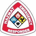 NMC - Haz Mat Emergency Responder, Hard Hat Label - Diamond, Blue, Red, Yellow & Black on White, 0.004" Thick, Indoor or Outdoor, Adhesive Backed, For Accident Prevention - Americas Industrial Supply