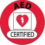 NMC - AED Certified, Hard Hat Label - Round, Black & Red on White, 0.004" Thick, Indoor or Outdoor, Adhesive Backed, For Certified Operator - Americas Industrial Supply