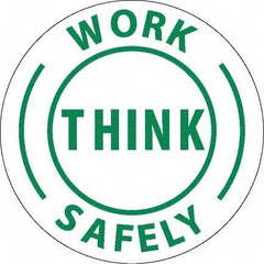 NMC - Work Think Safely, Hard Hat Label - Round, Green on White, 0.004" Thick, Indoor or Outdoor, Adhesive Backed, For Accident Prevention - Americas Industrial Supply