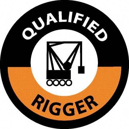 NMC - Qualified Rigger, Hard Hat Label - Round, Black & Orange on White, 0.004" Thick, Indoor or Outdoor, Adhesive Backed, For Accident Prevention - Americas Industrial Supply