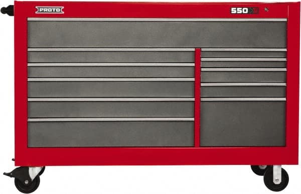 Proto - 35,917 Lb Capacity, 11 Drawer Mobile Workstation - 66" Wide x 27" Deep x 46" High, Steel, Safety Red & Gray - Americas Industrial Supply