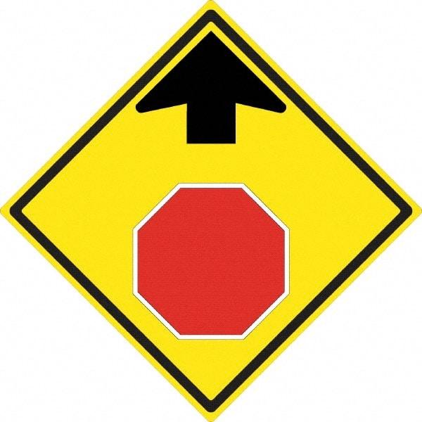 NMC - "Up Arrow, Stop Symbol", 24" Wide x 24" High, Aluminum Stop & Yield Signs - 0.08" Thick, Red & Black on Yellow, High Intensity Reflectivity, Diamond, Post Mount - Americas Industrial Supply