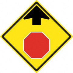 NMC - "Up Arrow, Stop Symbol", 24" Wide x 24" High, Aluminum Stop & Yield Signs - 0.08" Thick, Red & Black on Yellow, High Intensity Reflectivity, Diamond, Post Mount - Americas Industrial Supply