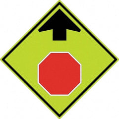 NMC - "Up Arrow, Stop Symbol", 30" Wide x 30" High, Aluminum Stop & Yield Signs - 0.08" Thick, Red & Black on Yellow, Diamond Grade Reflectivity, Diamond, Post Mount - Americas Industrial Supply