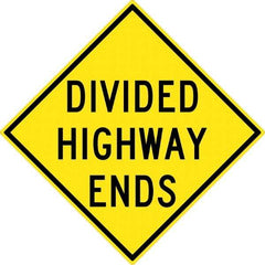 NMC - "Divided Highway Ends", 30" Wide x 30" High, Aluminum Traffic Control Signs - 0.08" Thick, Black on Yellow, High Intensity Reflectivity, Diamond, Post Mount - Americas Industrial Supply