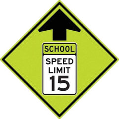 NMC - "School Speed Limit 15", "Up Arrow", 30" Wide x 30" High, Aluminum Warning & Safety Reminder Signs - 0.08" Thick, Black/Green, Diamond Grade Reflectivity, Diamond, Post Mount - Americas Industrial Supply