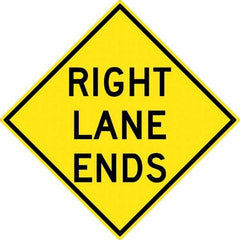 NMC - "Right Lane Ends", 30" Wide x 30" High, Aluminum Traffic Control Signs - 0.08" Thick, Black on Yellow, High Intensity Reflectivity, Diamond, Post Mount - Americas Industrial Supply