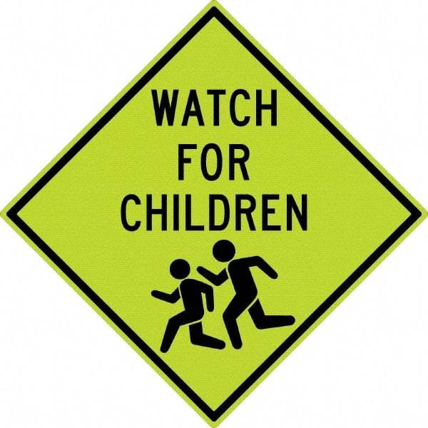 NMC - "Watch For Children", "Children Running", 30" Wide x 30" High, Aluminum Warning & Safety Reminder Signs - 0.08" Thick, Black on Yellow, Diamond Grade Reflectivity, Diamond, Post Mount - Americas Industrial Supply