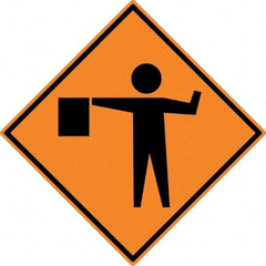 NMC - "Worker w/Directional Flag", 30" Wide x 30" High, Aluminum Construction Roadway Signs - 0.08" Thick, Black on Orange, High Intensity Reflectivity, Diamond, Post Mount - Americas Industrial Supply