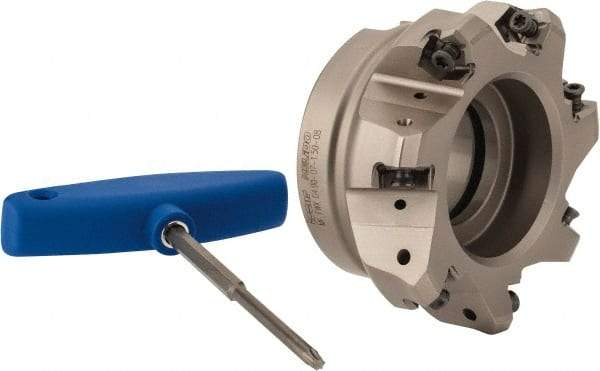 Iscar - 3.398" Cut Diam, 1-1/2" Arbor Hole, 0.138" Max Depth of Cut, 30° Indexable Chamfer & Angle Face Mill - 7 Inserts, H600 WXCU 08 Insert, Right Hand Cut, 7 Flutes, Through Coolant, Series Helido - Americas Industrial Supply