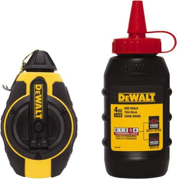 DeWALT - 100' Long Reel & Chalk Set - Yellow & Black, Includes 4 oz Red Chalk - Americas Industrial Supply