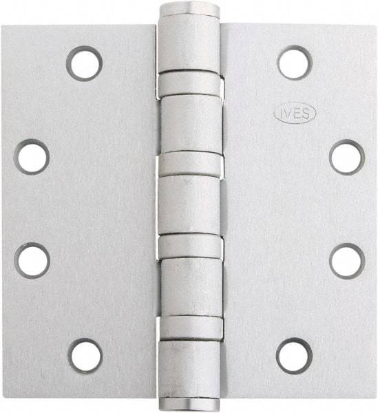 IVES - 4-1/2" Long x 4-1/2" Wide x 1.34" Thick, Stainless Steel Full Mortise Ball Bearing Hinge - Satin Chrome Finish, 5 Knuckles, 8 Holes - Americas Industrial Supply