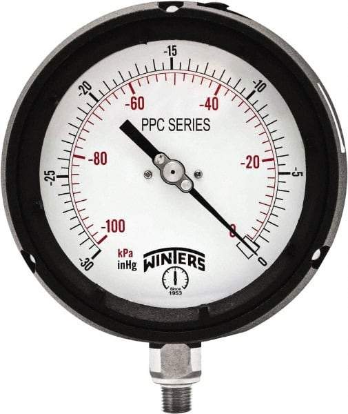 Winters - 4-1/2" Dial, 1/4 Thread, 30-0 Hg VAC Scale Range, Pressure Gauge - Bottom Connection Mount, Accurate to ±0.5% of Scale - Americas Industrial Supply