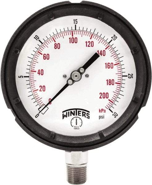 Winters - 4-1/2" Dial, 1/4 Thread, 0-30 Scale Range, Pressure Gauge - Bottom Connection Mount, Accurate to ±0.5% of Scale - Americas Industrial Supply
