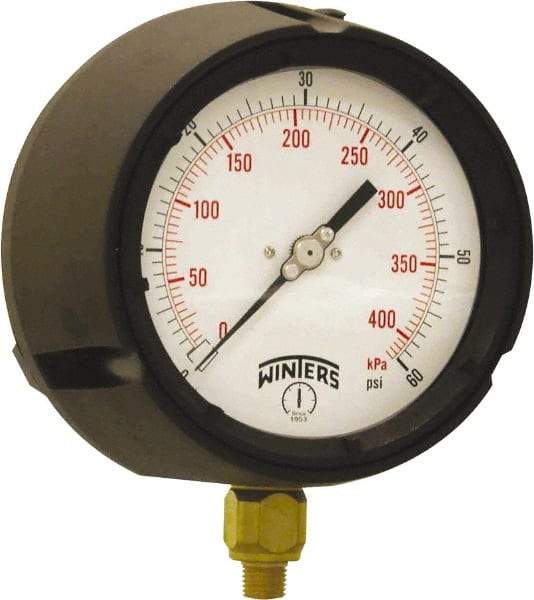 Winters - 4-1/2" Dial, 1/4 Thread, 0-60 Scale Range, Pressure Gauge - Bottom Connection Mount, Accurate to ±0.5% of Scale - Americas Industrial Supply