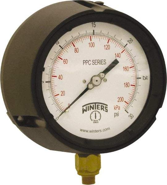 Winters - 4-1/2" Dial, 1/4 Thread, 0-30 Scale Range, Pressure Gauge - Bottom Connection Mount, Accurate to ±0.5% of Scale - Americas Industrial Supply