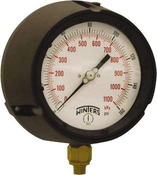 Winters - 4-1/2" Dial, 1/4 Thread, 0-160 Scale Range, Pressure Gauge - Bottom Connection Mount, Accurate to ±0.5% of Scale - Americas Industrial Supply