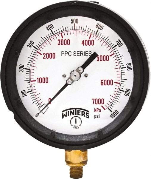 Winters - 4-1/2" Dial, 1/4 Thread, 0-1,000 Scale Range, Pressure Gauge - Bottom Connection Mount, Accurate to ±0.5% of Scale - Americas Industrial Supply