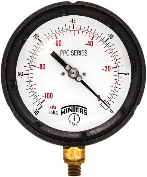 Winters - 4-1/2" Dial, 1/4 Thread, 30-0 Hg VAC Scale Range, Pressure Gauge - Bottom Connection Mount, Accurate to ±0.5% of Scale - Americas Industrial Supply