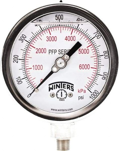 Winters - 4" Dial, 1/4 Thread, 0-1,000 Scale Range, Pressure Gauge - Bottom Connection Mount, Accurate to 0.01% of Scale - Americas Industrial Supply