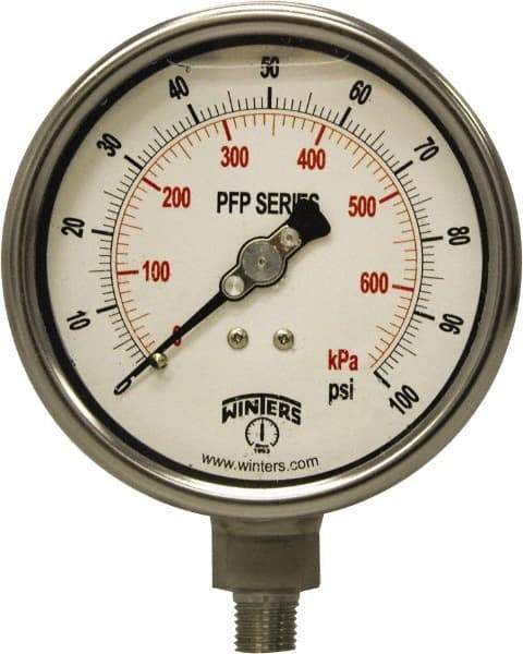 Winters - 4" Dial, 1/4 Thread, 0-100 Scale Range, Pressure Gauge - Bottom Connection Mount, Accurate to 1% Full-Scale of Scale - Americas Industrial Supply
