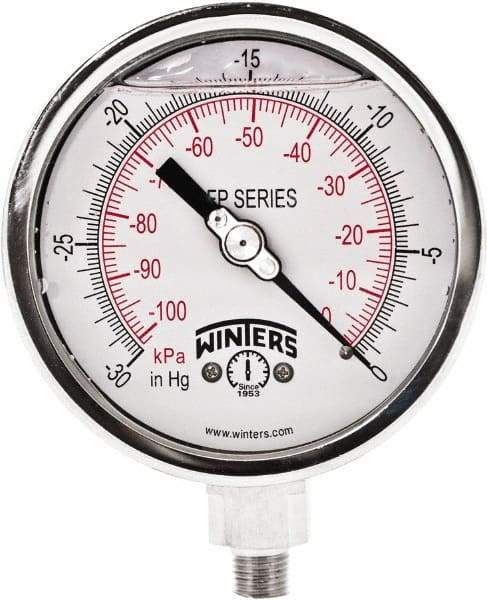 Winters - 4" Dial, 1/4 Thread, 30" HG Vac Scale Range, Pressure Gauge - Bottom Connection Mount, Accurate to 1% Full-Scale of Scale - Americas Industrial Supply