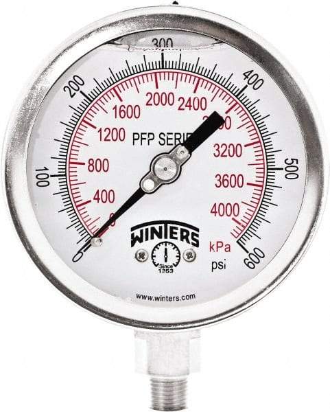 Winters - 4" Dial, 1/4 Thread, 0-600 Scale Range, Pressure Gauge - Bottom Connection Mount, Accurate to 1% Full-Scale of Scale - Americas Industrial Supply