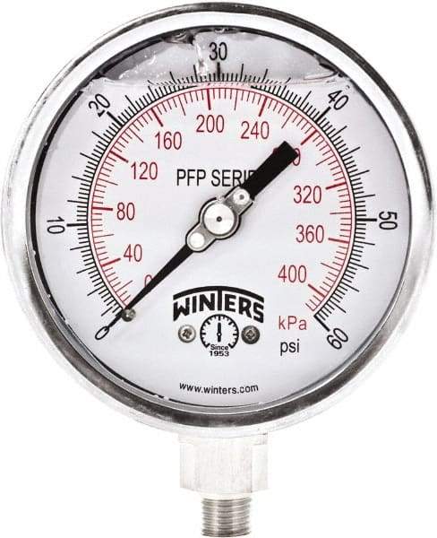 Winters - 4" Dial, 1/4 Thread, 0-60 Scale Range, Pressure Gauge - Bottom Connection Mount, Accurate to 1% Full-Scale of Scale - Americas Industrial Supply