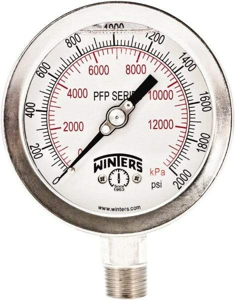 Winters - 4" Dial, 1/4 Thread, 0-2,000 Scale Range, Pressure Gauge - Bottom Connection Mount, Accurate to 0.01% of Scale - Americas Industrial Supply