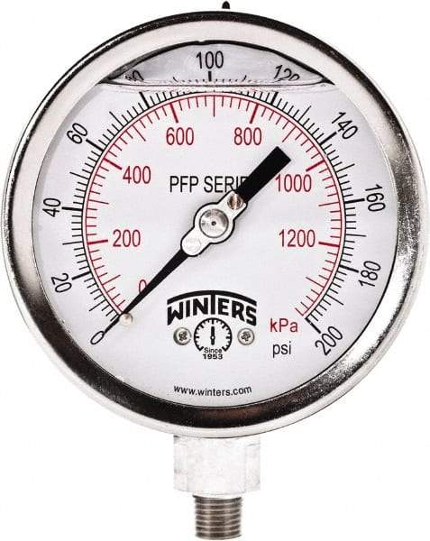 Winters - 4" Dial, 1/4 Thread, 0-200 Scale Range, Pressure Gauge - Bottom Connection Mount, Accurate to 0.01% of Scale - Americas Industrial Supply