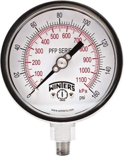Winters - 4" Dial, 1/4 Thread, 0-160 Scale Range, Pressure Gauge - Bottom Connection Mount, Accurate to 0.01% of Scale - Americas Industrial Supply